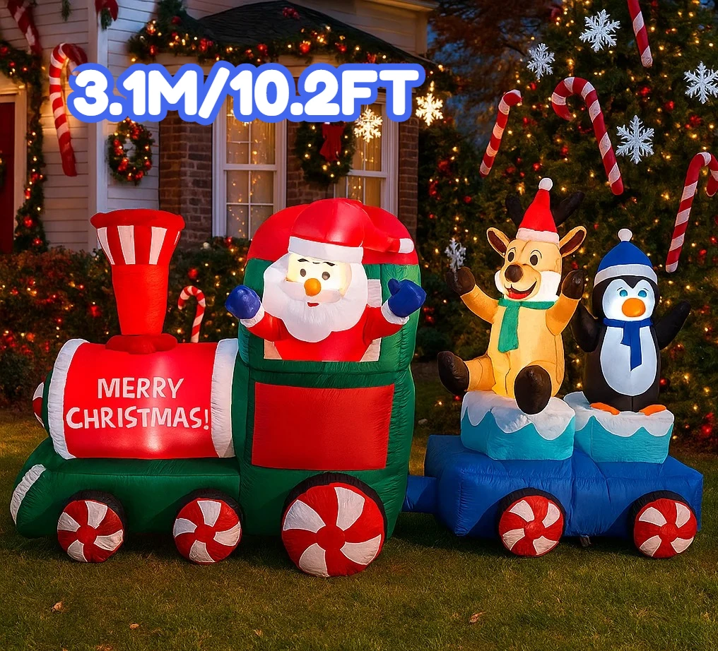 3.1M/10.2FT Christmas Decoration Inflatable Toy Santa Claus Reindeer Penguin Train Home Yard LED Light Christmas Party Toy