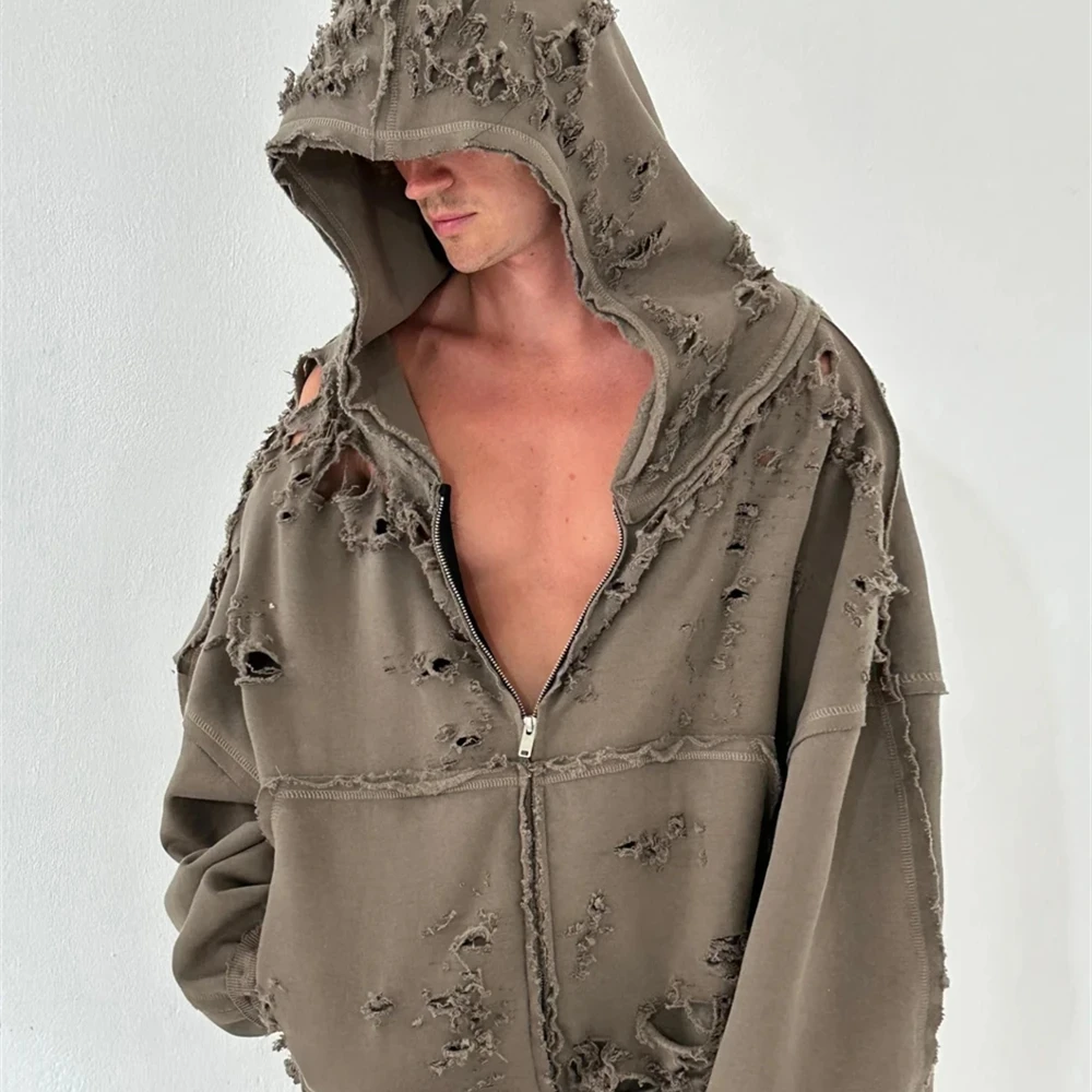 Brown Destroy The Hole Washed Hoodie Hooded Men Women Best Quality Oversize Heavy Fabric Vintage Coats Pullover