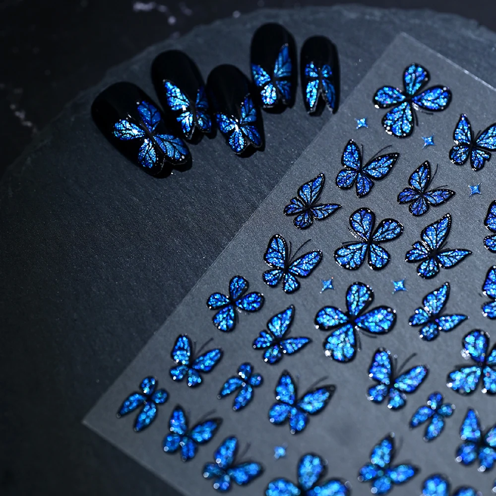 1 Stück 5D Traumhafte Laser-Glitzer-Schmetterling-Nagelaufkleber Glänzende Holographische Blaue Schmetterling-Nagelsticker Selbstklebende Maniküre-Zubehör – Detail 11