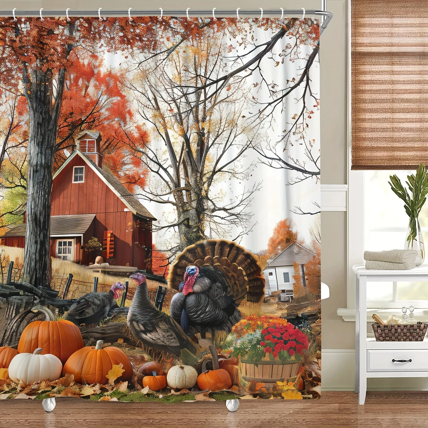 1pc Thanksgiving Fall Shower Curtain Bathroom, Country Fall Farm Turkey Pumpkin Harvest Fabric Shower Curtain Set, Cute Vintage