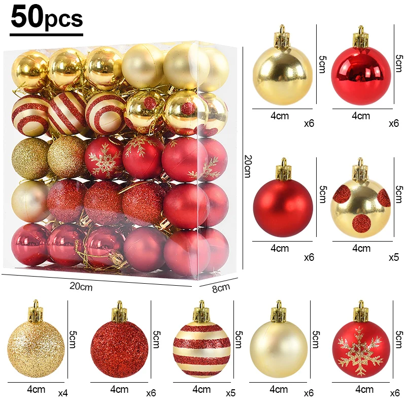 

F2 50Pcs/box Christmas Tree Ball Ornament Red Gold Hanging Bauble Pendant 2024 Christmas Decoration for Home 2025 New Year Gifts