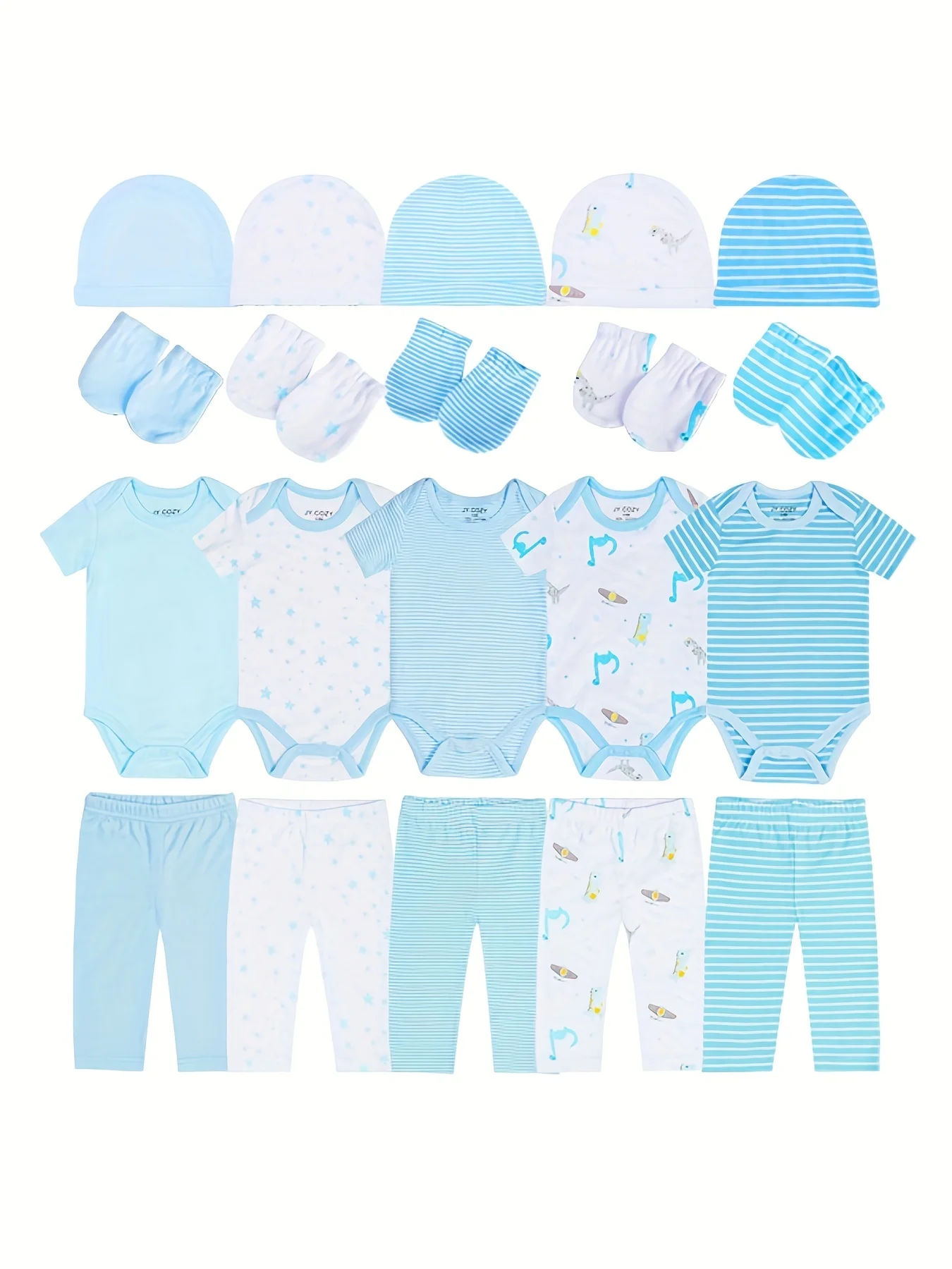 JY.COZY 20-Pack Unisex Newborn Layette Essentials Giftset Infant Bodysuit Pants Hats Mittens Set Soft Breathable Cotton No Zipper Snap Closure Machine Washable Baby Clothes for Home Sleep Outing Light Blue Stripe Star Dinosaur