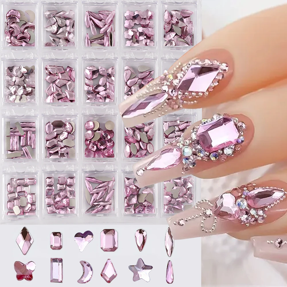 20girds=200pc/Box Pink/Champagne Nail Rhinestones Flatback Mix Shaped Charms For Nail Art Manicure Diy Gems Charms Mulit Design&