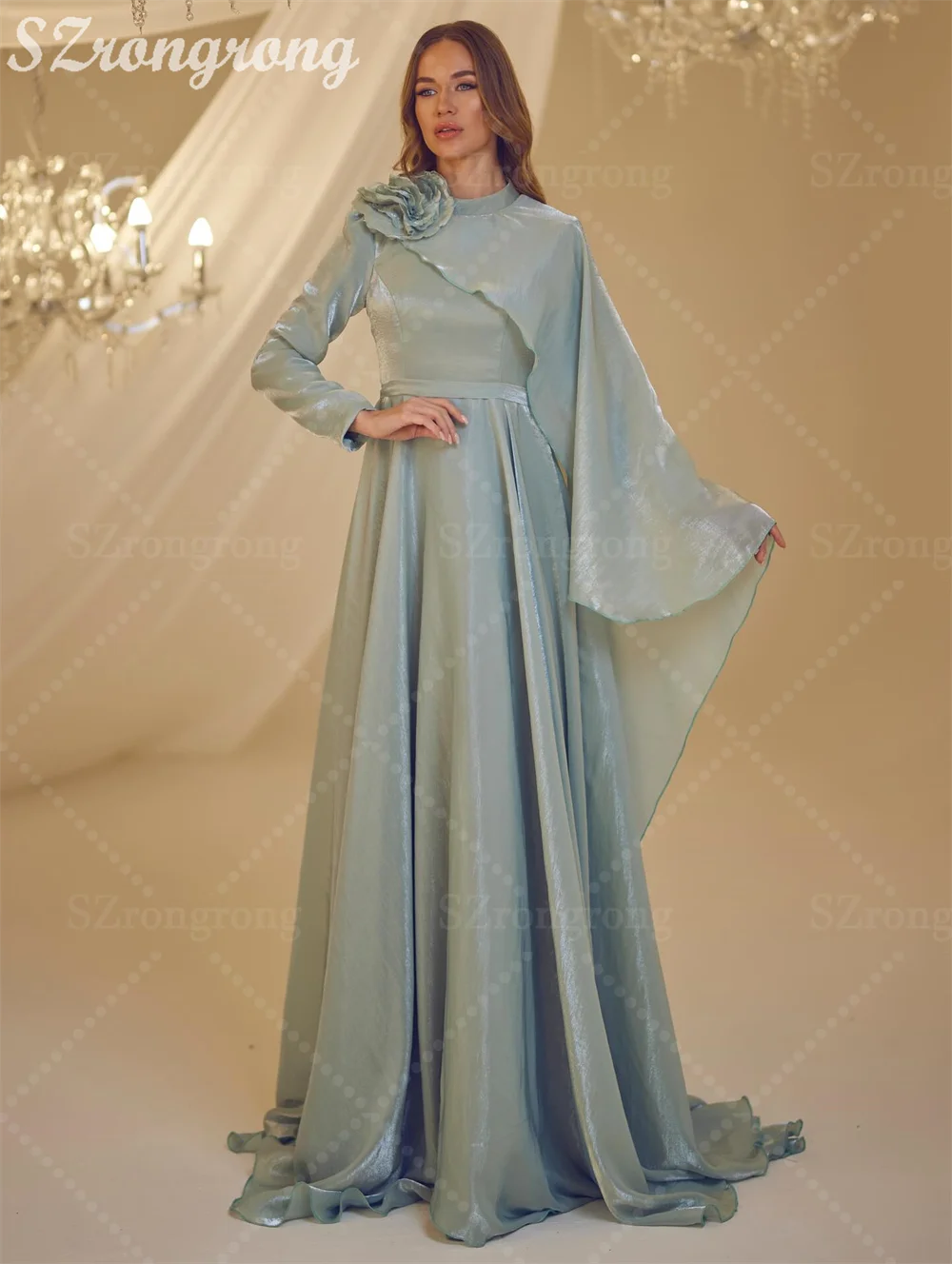 Op maat gemaakte jersey gedrapeerde a-lijn crêpe formele avondjurk zwartloze vloerlengte Saoedi-Arabische jurk met lange mouwen en sleep