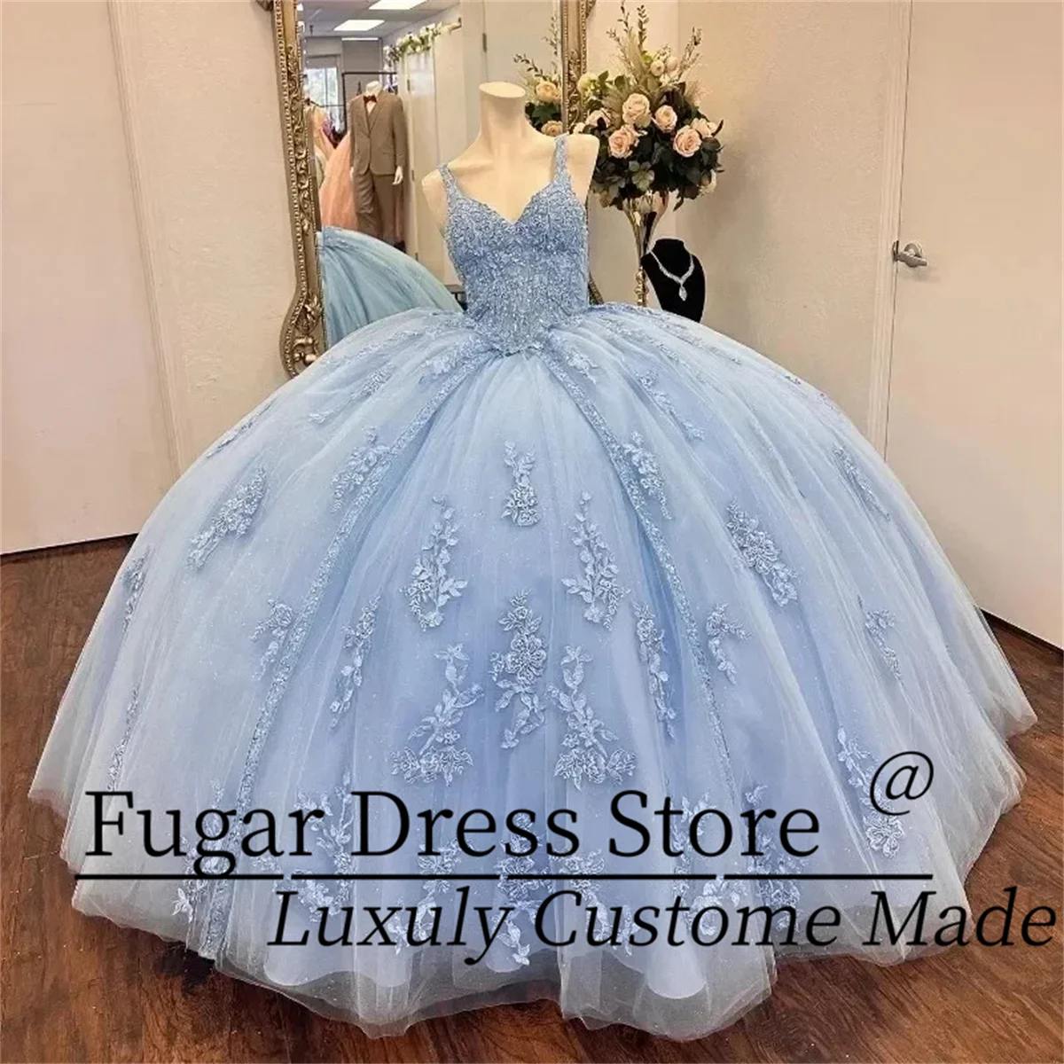 

Небесно-голубое платье Quinceanera по индивидуальному заказу, светло-голубое кружево на тонких бретельках, роскошные платья с аппликацией из бисера, Vestidos de15 quincea (18)