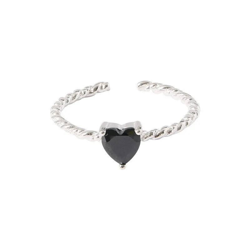 Trendy Silver Color Twist Metal Black Rhinestones Heart Charms Rings for Women Party Sweet Open Ring Elegant Jewelry Gift