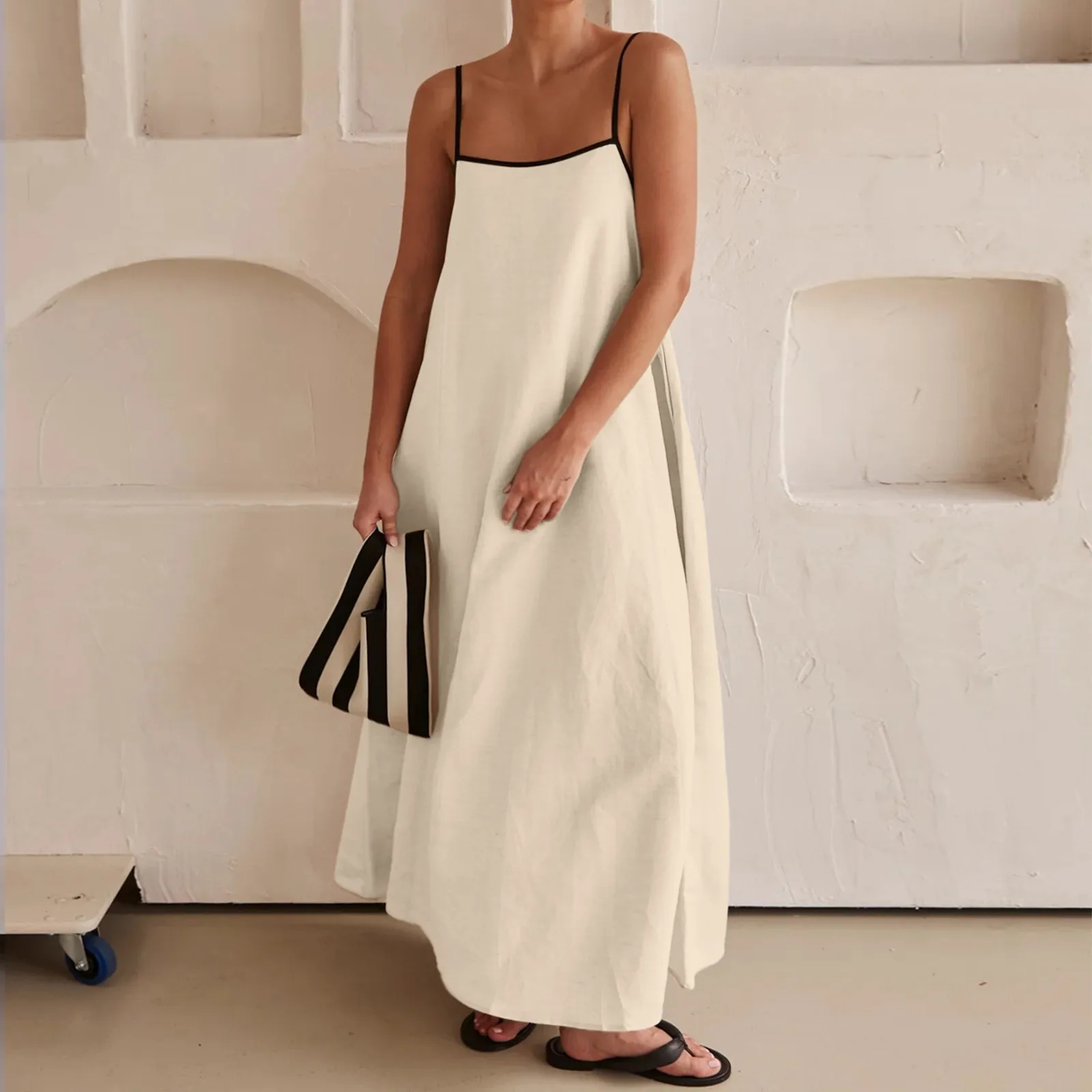 

Women Maxi Dress Contrast Trim Spaghetti Straps Summer Outfits Travel Vacation Sleeveless Long Dresses Sundress Big Swing Skirt