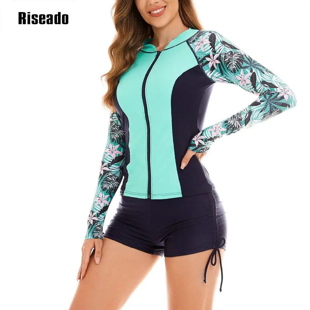 Riseado 2025 nuevo traje de baño de cintura alta para mujer, traje de baño Tankini de dos piezas de manga larga, Top y pantalones cortos