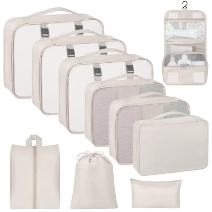 

10 Set Packing Cubes for Travel with Hanging Toiletry Bag and Shoe Bag Luggage Organizer Bags in Multiple Colors for Travel Ess