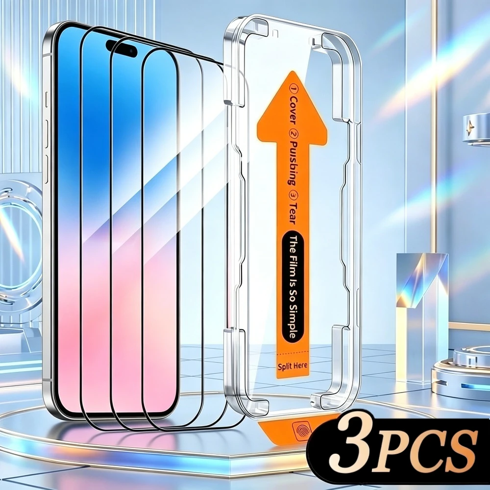 

3Pcs High Clear Screen Protector for iPhone 17 16 15 Pro Max Air 17e 16e 14 13 12 11 Pro 15 14 Plus One Click Installation Glass
