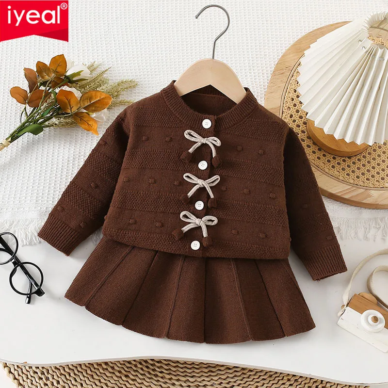 

IYEAL модный свитер с бантом для девочек + короткая юбка, весенний новый милый вязаный свитер, комплект для маленьких девочек