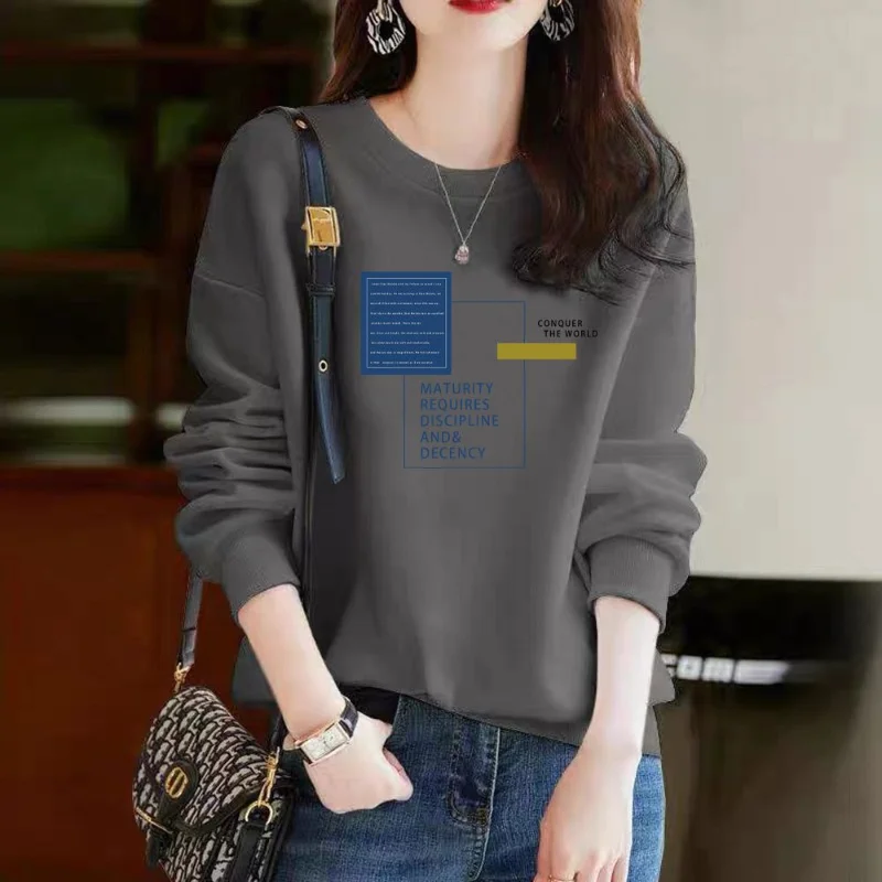 Women Autumn and Winter New O-Neck Pullovers Sweatshirt Solid Color Printing Casual Loose Large Size Versatile Long-sleeved Top