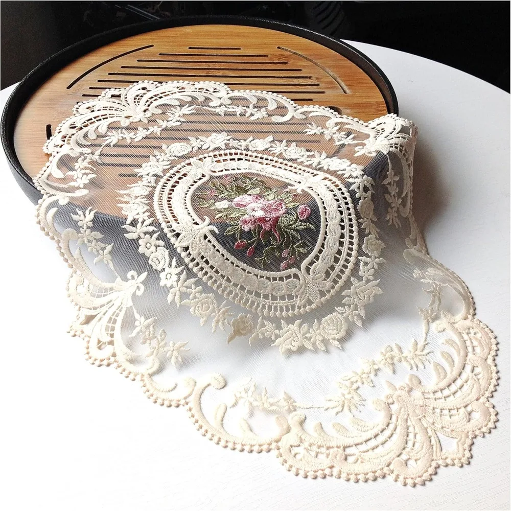 

2-Piece Set: Vintage French Lace Placemats, Stylish Embroidered Coasters, Vase Mats, 12” X 16” (Beige)