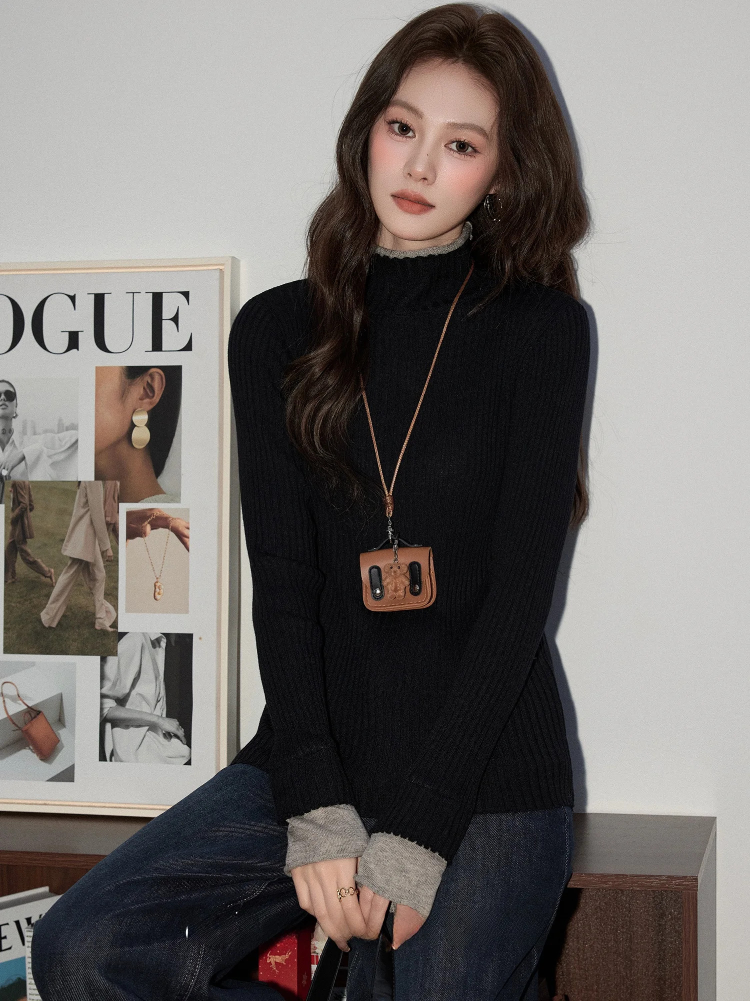 

Черный вязаный женский топ с высоким воротом, облегающий, с длинными рукавами, средней длины, мягкий трикотаж для осени