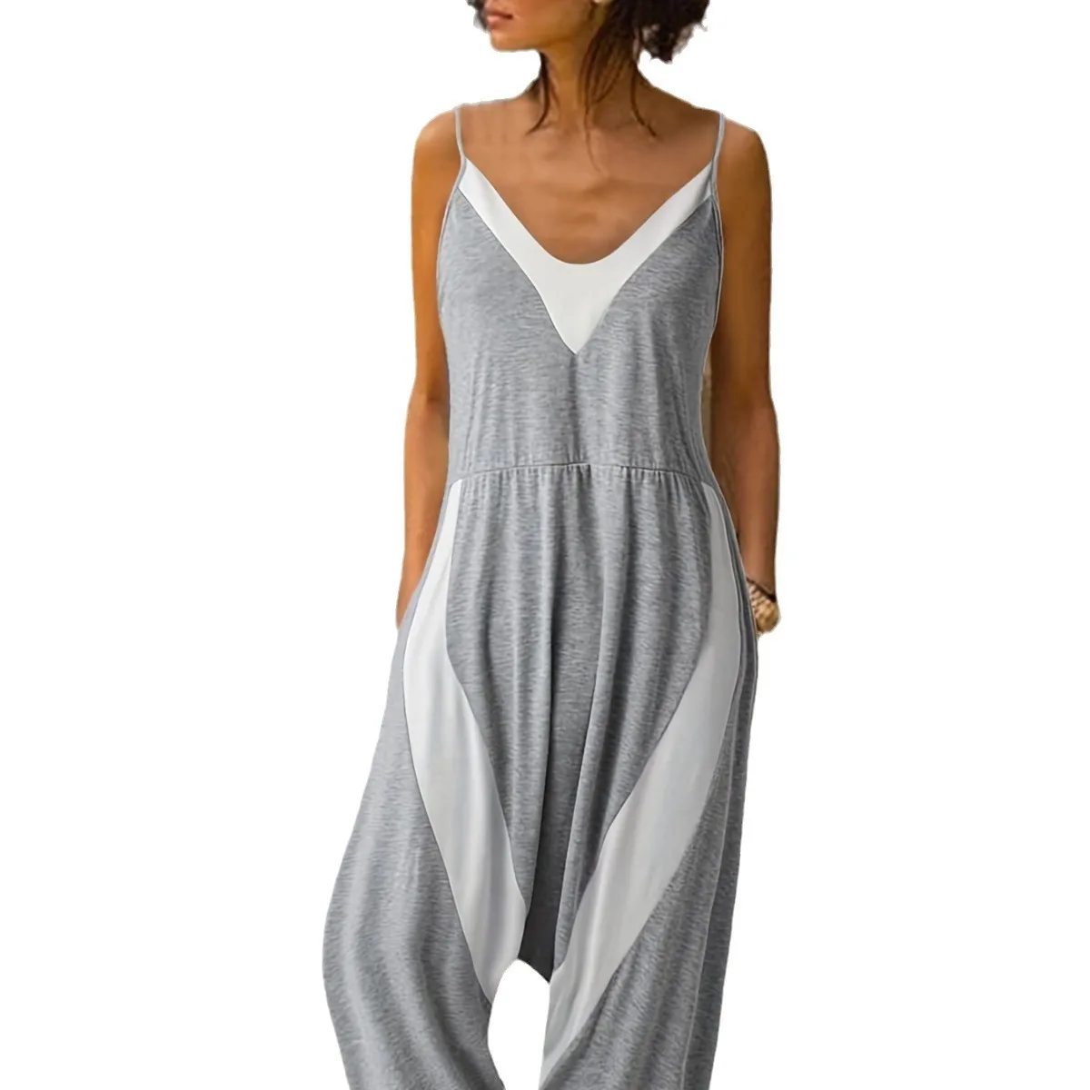 

Casual and comfortable women's plus size sleeveless loose solid color spliced suspender overalls for spring and summer