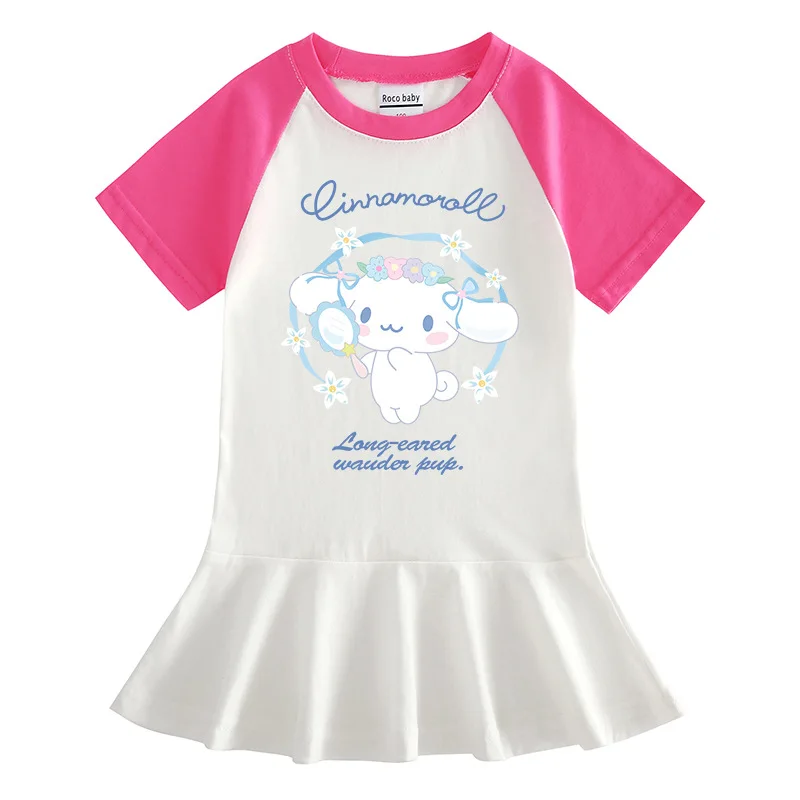 Anime Sanrios Cinnamoroll Kids Short Sleeve Dress Girls Cartoon Half Sleeve Dress Fashion Pleated Skirt Preppy Clothes Summer