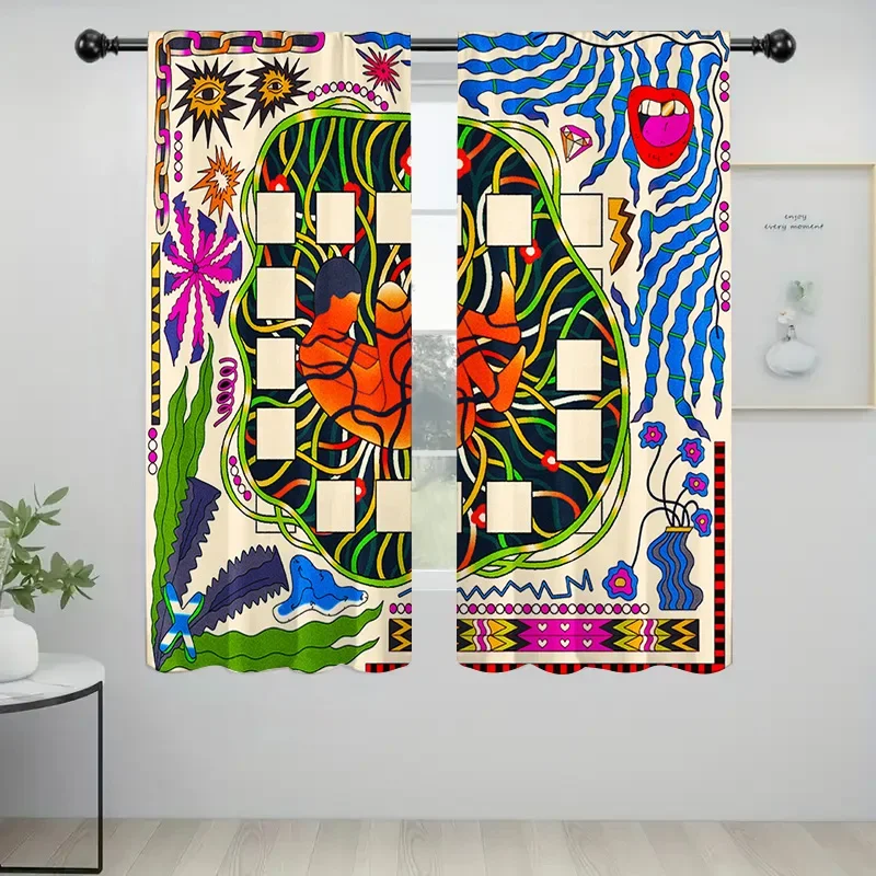 قطعتان من ستائر الفن التجريدي الحديثة مع جيب قضيب، طباعة هندسية متعددة الألوان وشفافة، ديكور غرفة المعيشة النابضة بالحياة #5