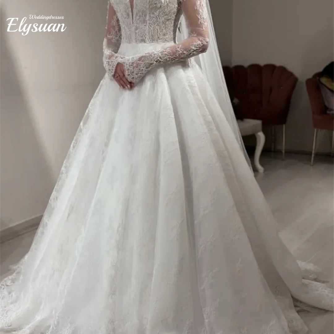 Vestidos de novia de encaje con cuello en V personalizados, mangas largas, cola de corte, apliques de encaje, vestidos de novia de tul con cordones, vestido de novia
