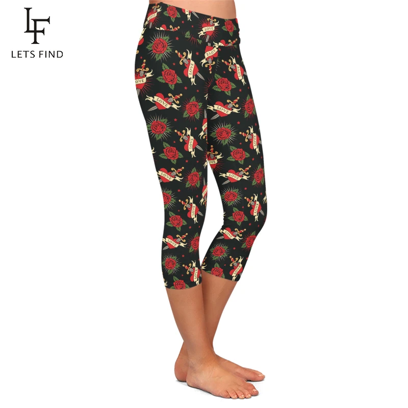 LETSFIND High Quaility Sexy Women Capri Leggings High Waist Rose Heart and Sword Print Sexy Slim Stretch Mid-Calf 3/4 Pants