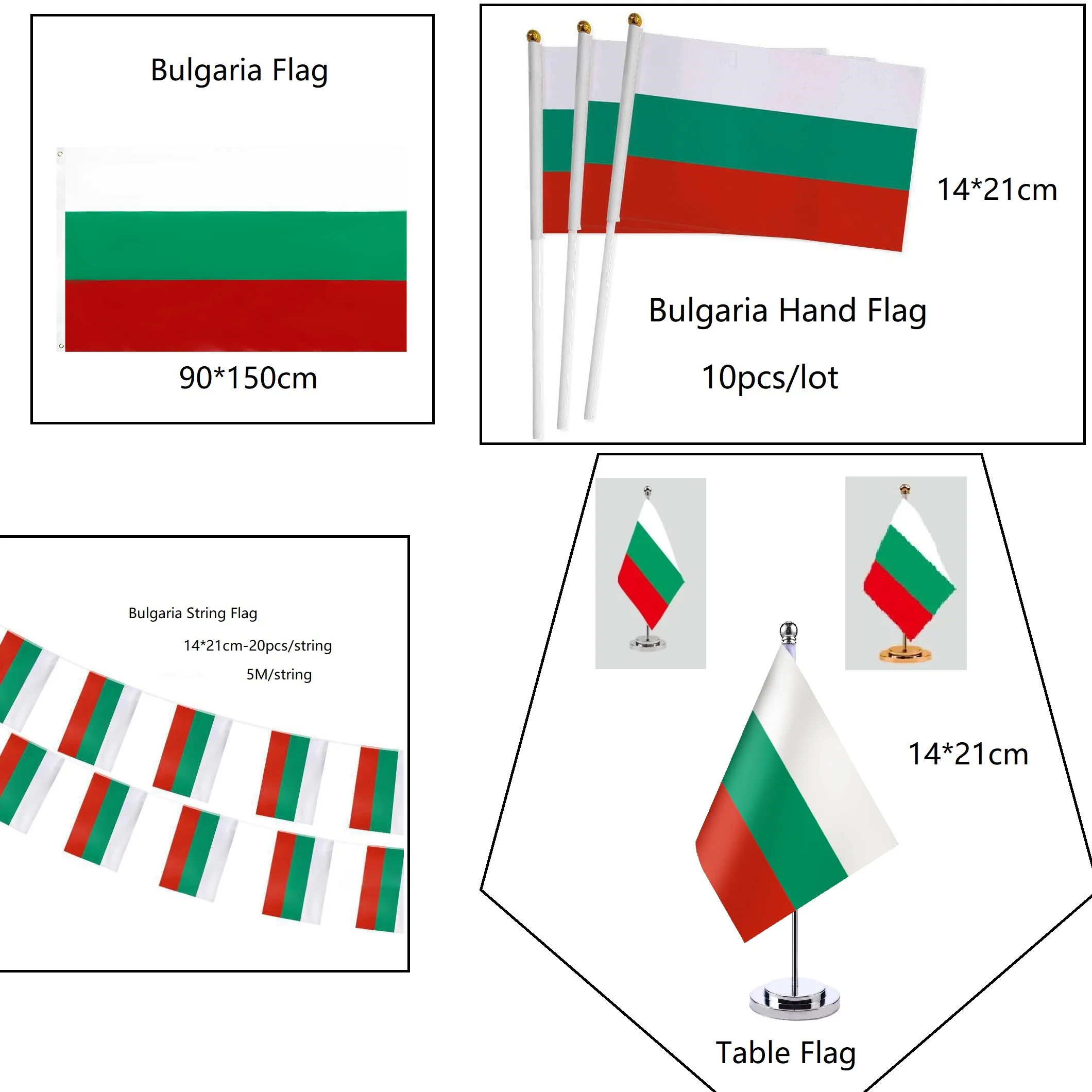 90X150cm Bulgaria Flag Polyester  White Green Red 14*21cm Bulgarian Table Desk  Flag  Bulgaria Hand Flag For Decoration