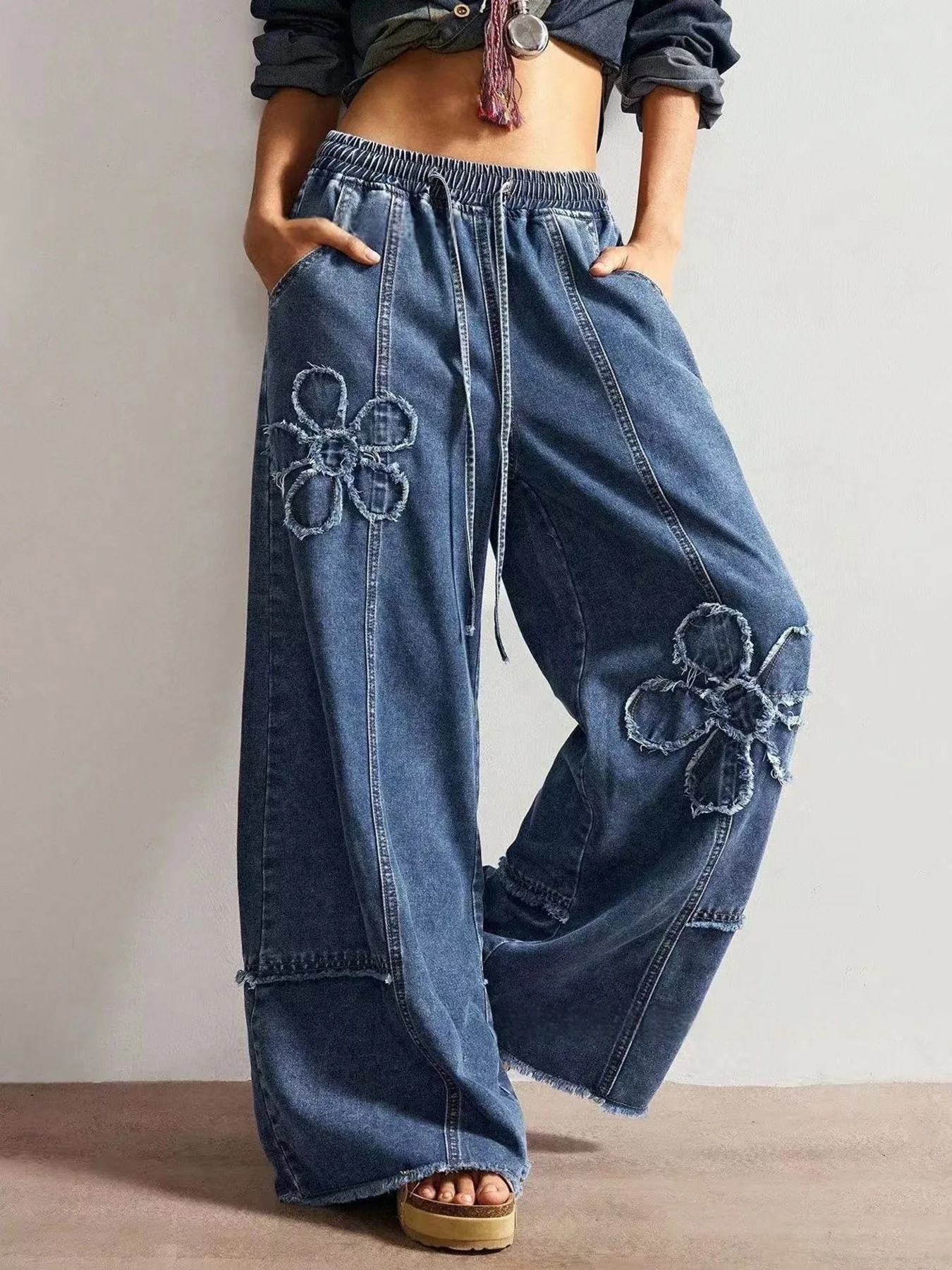 [Cross-Border Bestseller] European And American Trendy Style Drawstring Elastic Waist Loose Embroidered Wide-Leg Women's Jeans