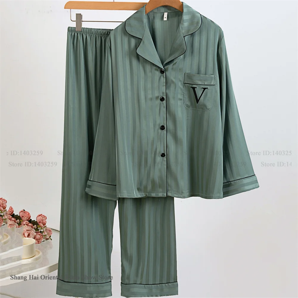 

Spring Summer New Womens Pajamas Set Lounge Wear Elegant Striped Embroidery Trouser Pijamas Suit Loose Satin Sleepwear Homewear