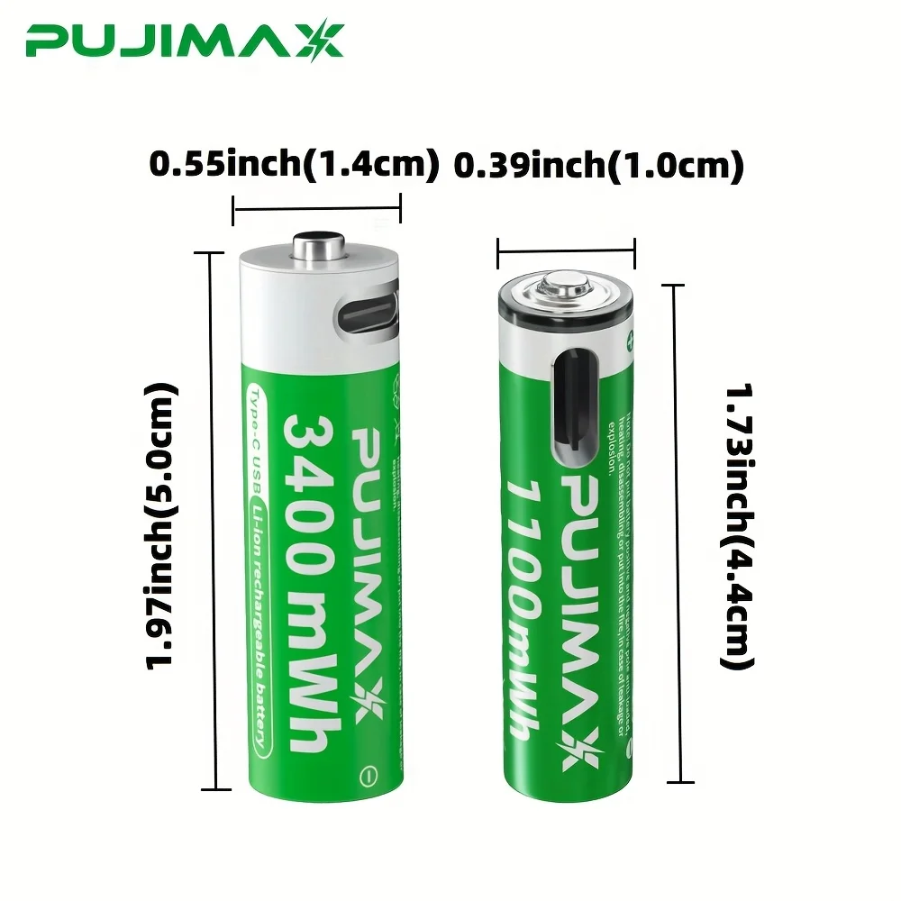 PUJIMAX 1.5 فولت AAA/AA 3400mWh 1100mWh بطارية قابلة للشحن USB نوع-C بطارية ليثيوم أيون قابلة للشحن للتحكم عن بعد الألعاب الكهربائية