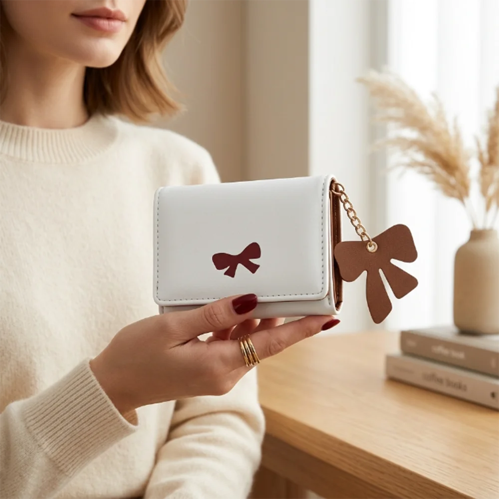 Fashion Trifold Wallet Women's PU Leather Short Card Holder Bowknot Coin Purse Portable Multi-Functional Organizer Money Pouch
