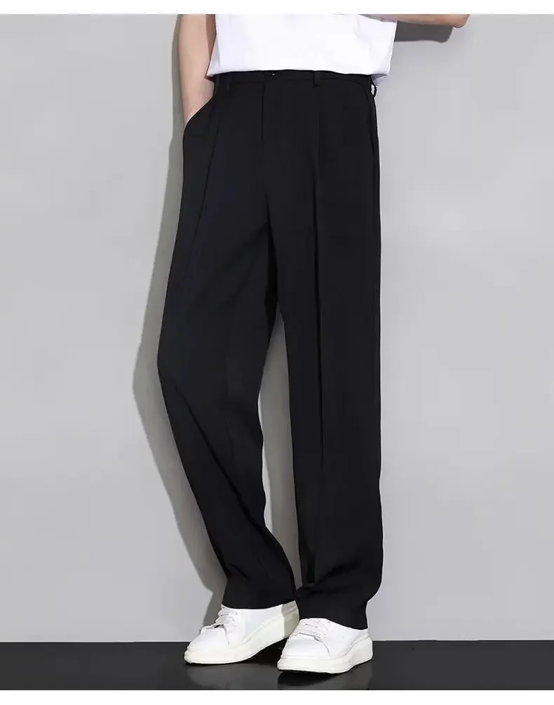 Korean Men Pants Summer Ice Silk Casual Long Pants Elastic Waist Elegant Suit Trousers Straight Wide Leg Business Pants Y2k