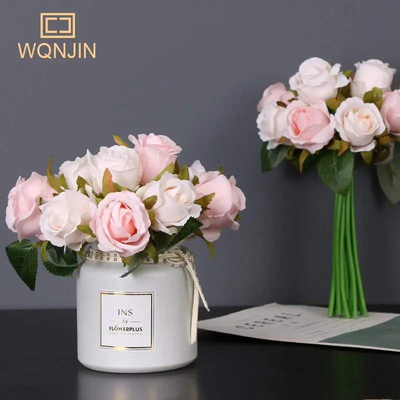12 Teile/los Künstliche Seidenrosen Blumenstrauß Hochzeit Braut Mit Hause Gefälschte Weiße Blumen Billig Für Zuhause Tischdekoration – Detail 1