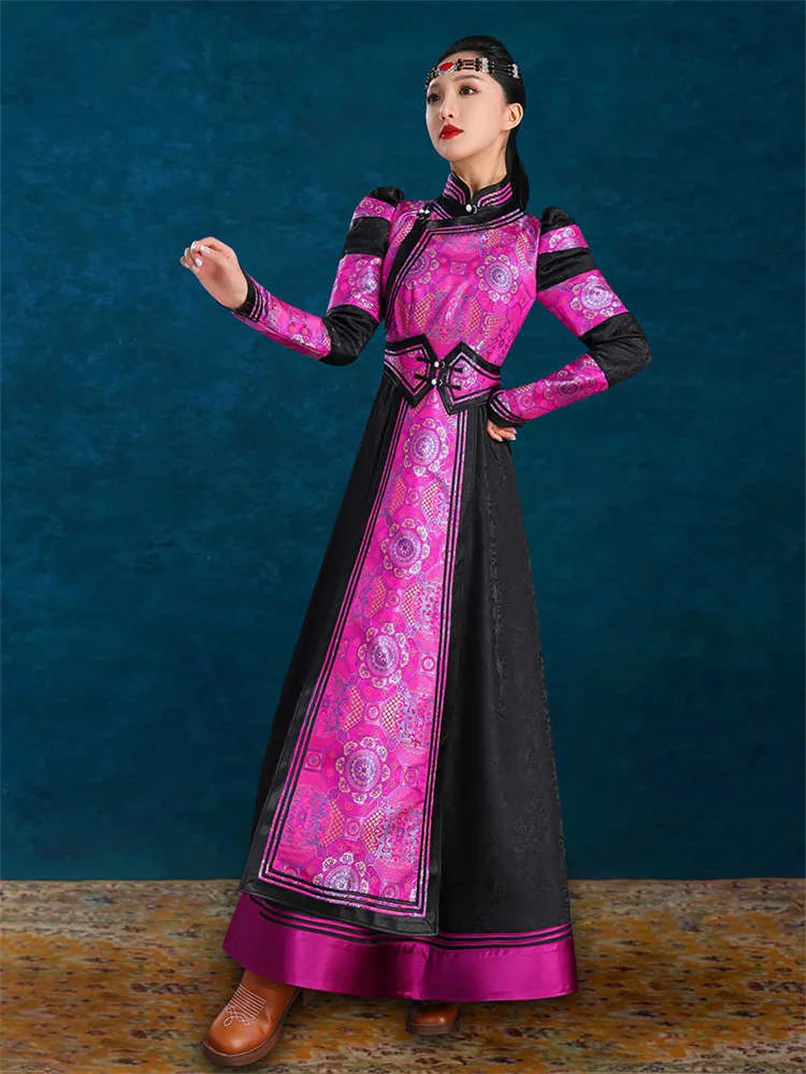 Mongolian Black Purple Dress East Asia Ethnic Dance Performance Gown Robe Ulaanbaatar Photography Etiquette Wedding Attire FE054