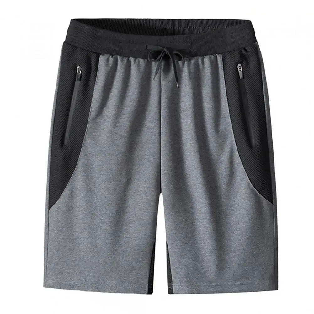 Men Shorts Contrast Color Drawstring Zipper Pockets Elastic Waist Deep Crotch Summer Sweatpants Daily Clothes