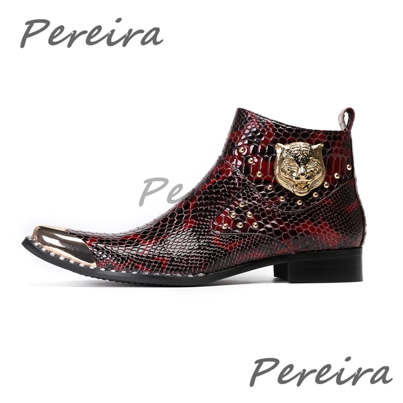 Metal Tiger Rivet Men Ankle Boots Snake Pattern Mixed Colors Chelsea Boots Luxury Square Toe Zipper Party Club Male Casual Shoes