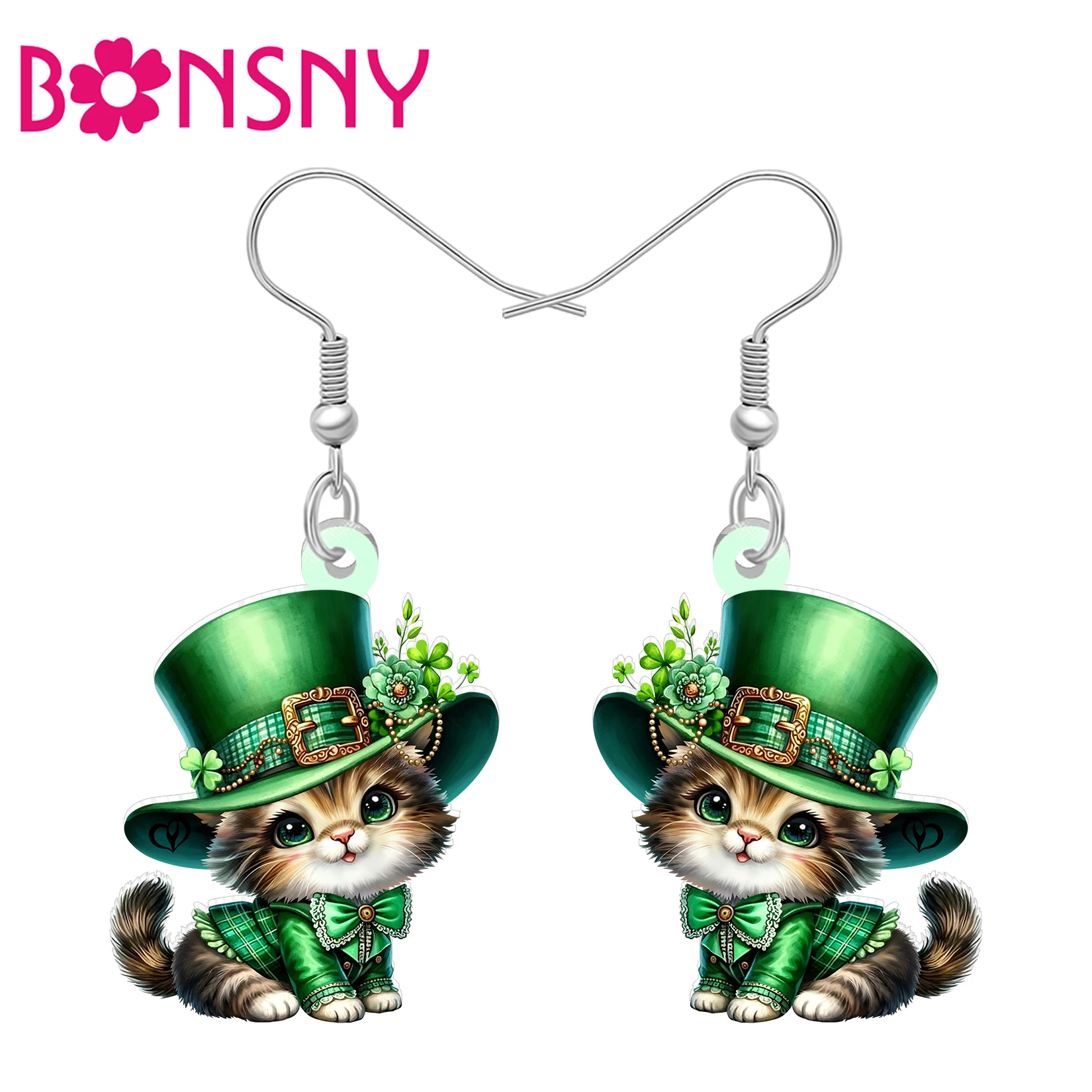 BONSNY Acrylic St Patricks Day Tabby Cat Earrings Irish Green Clover Kitten Animals Jewelry Good Luck Gifts For Women Pet Lovers