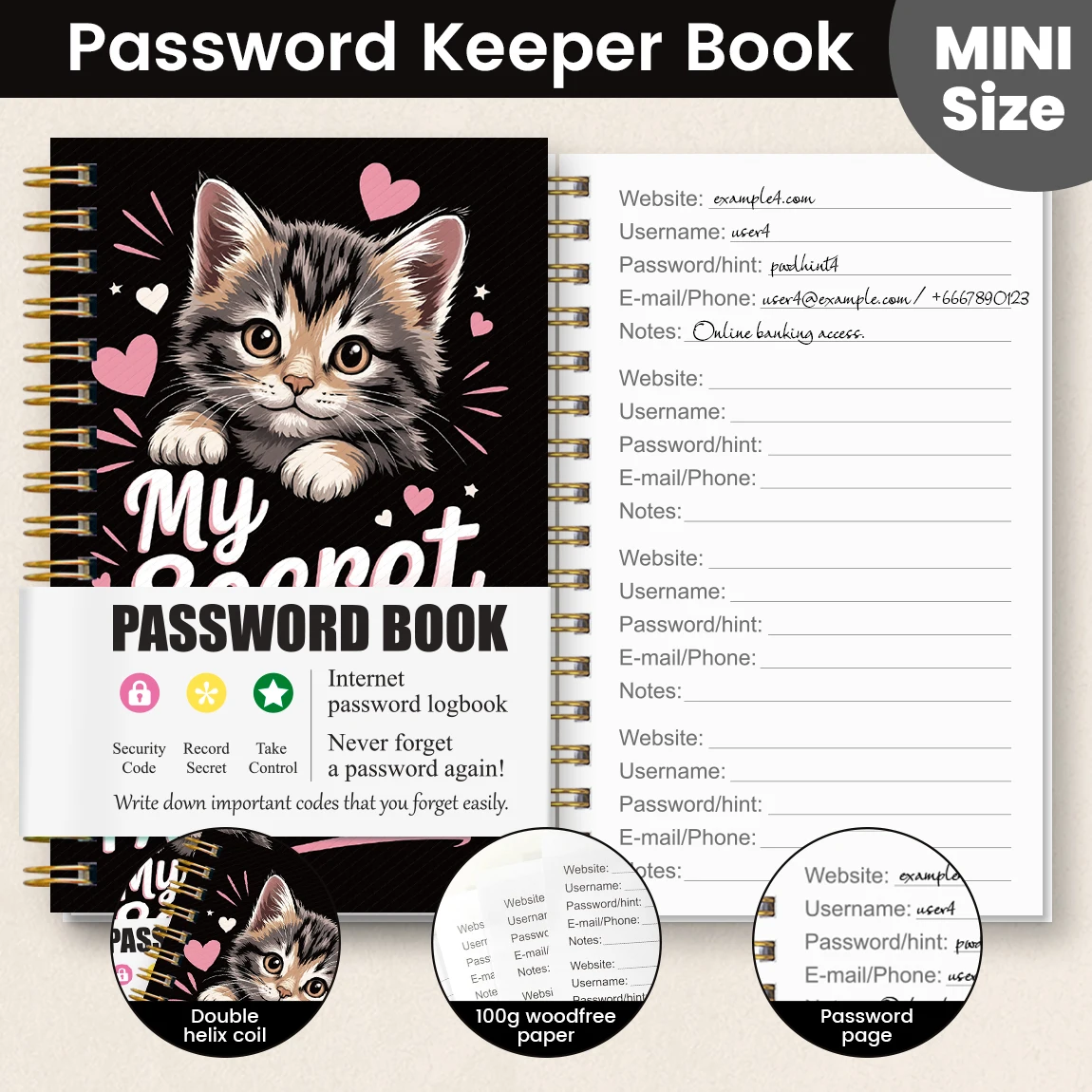 Mini Password Book with Cute Cat Cover, Spiral Password Keeper Notebook, 180 °   Lay Flat, Pocket Size