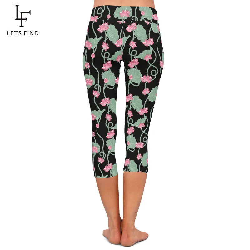 LETSFIND Beautiful Lotus Flowers Design Milk Silk Print Women Capri Leggings High Waist Fitness Soft Slim Leggings