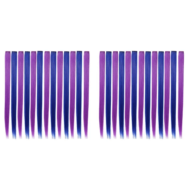 26 Pcs Colored Party Highlights Colorful Clip In Hair Extensions 55Cm Straight Synthetic Hairpieces, Purple + Blue