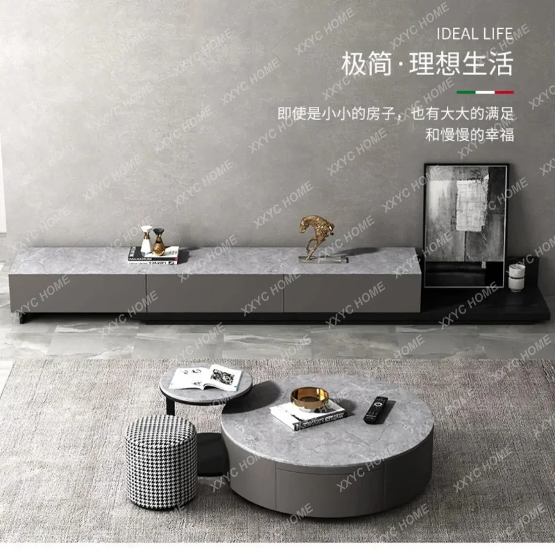 L Modern Minimalist Stone Plate round Tea Table TV Cabinet Unit Light Luxury and Simplicity Small Apartme