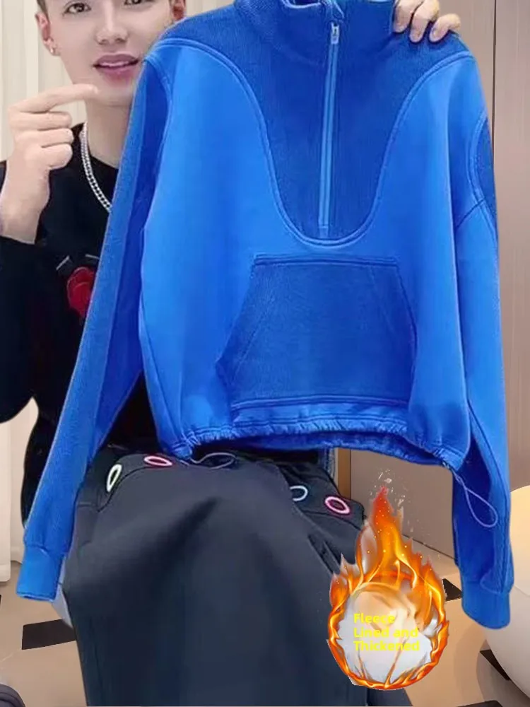 

Korean Sle Casual Contrast Color Hoodie Women's Faion Slimming Winter Zipper Design Polyester Blend Long Sve Top