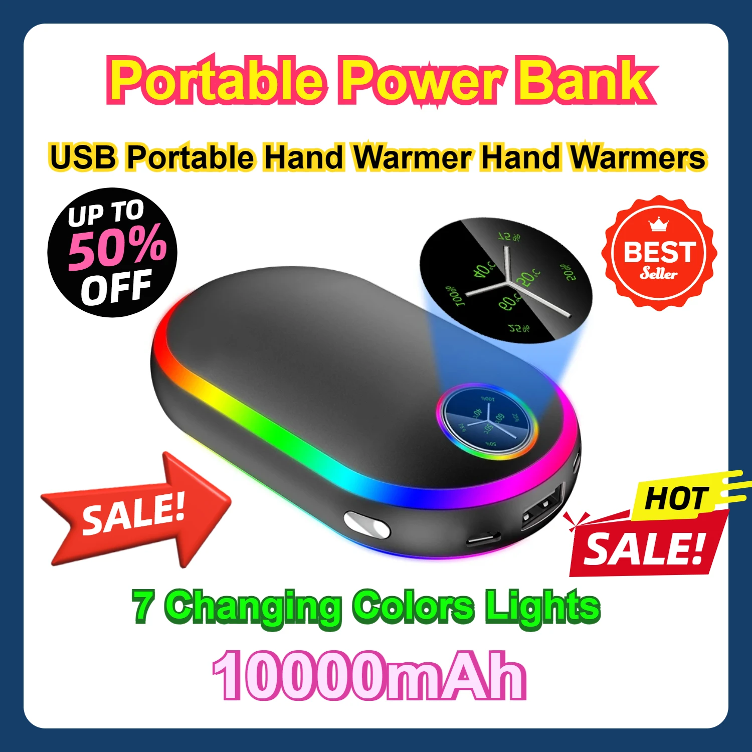 

Portable Power Bank Charger Heater Outdoor Hand Heater USB Portable Hand Warmer Hand Warmers 7 Changing Colors Lights 10000mAh