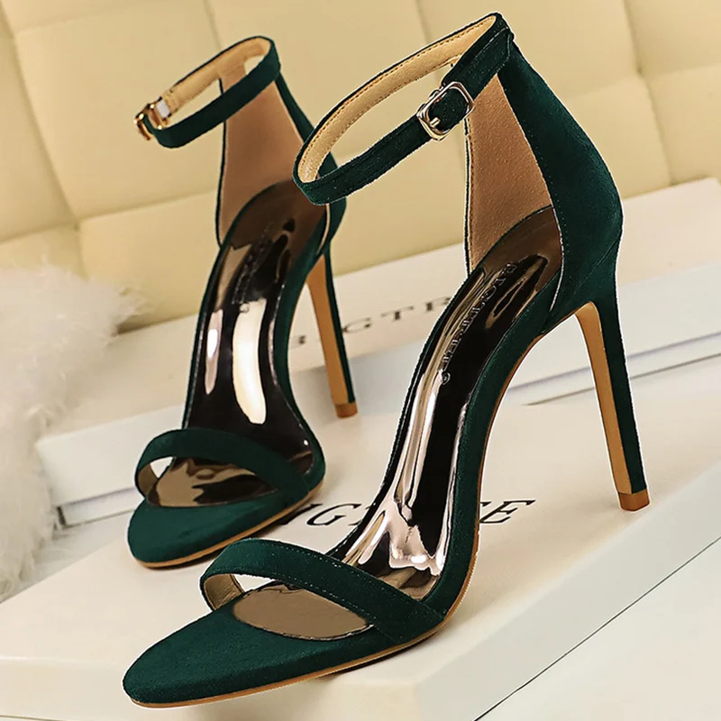 Women  Heels Sandals Fetish 10cm High Heels Lady Open Toe Green Blue Suede Sandle Summer Stripper Nightclub Dress Strappy Shoes