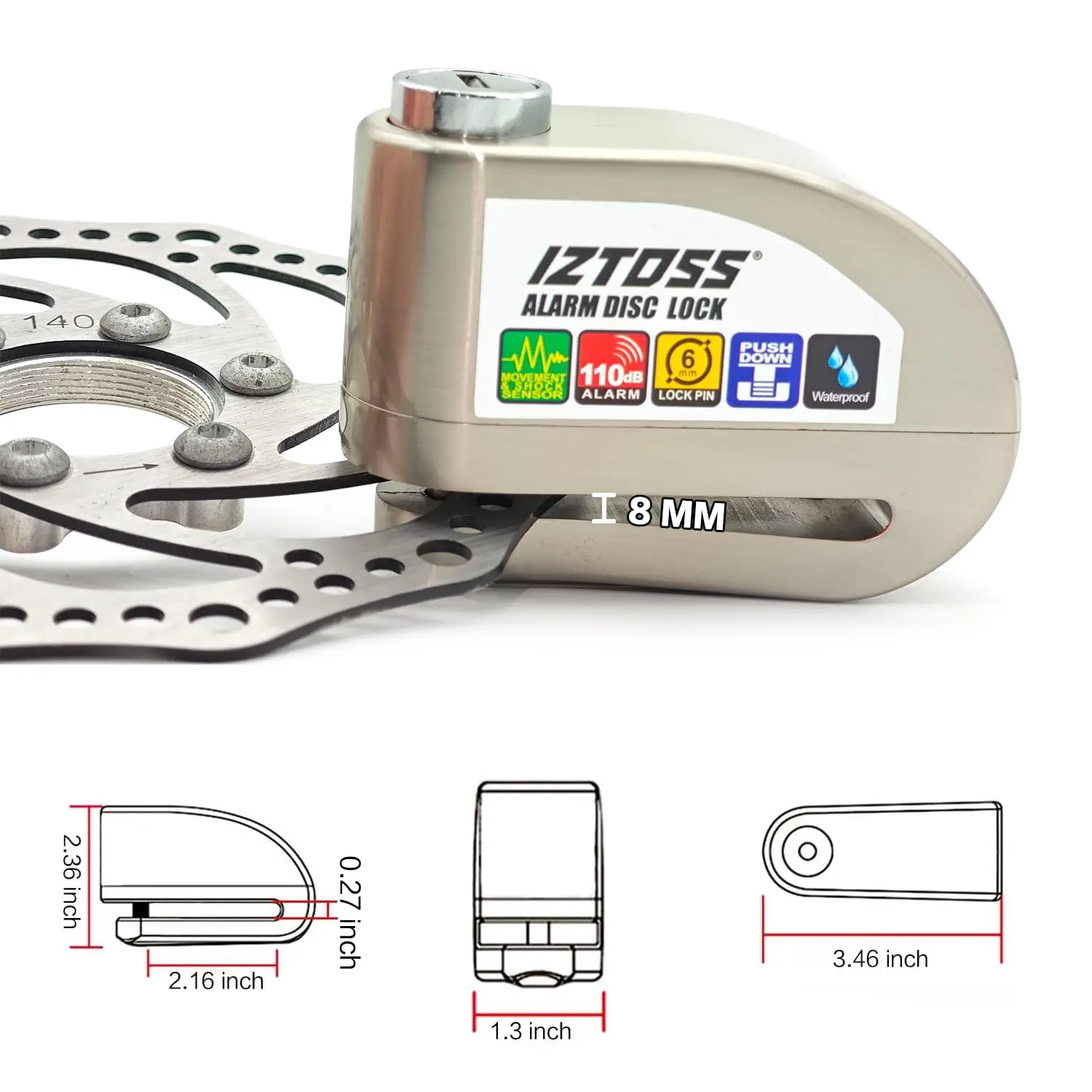 IZTOSS オートバイアラームディスクロック盗難防止ディスクブレーキロック防水 110 dB 7 ミリメートルピン 4 フィートリマインダーケーブルモーター自転車用