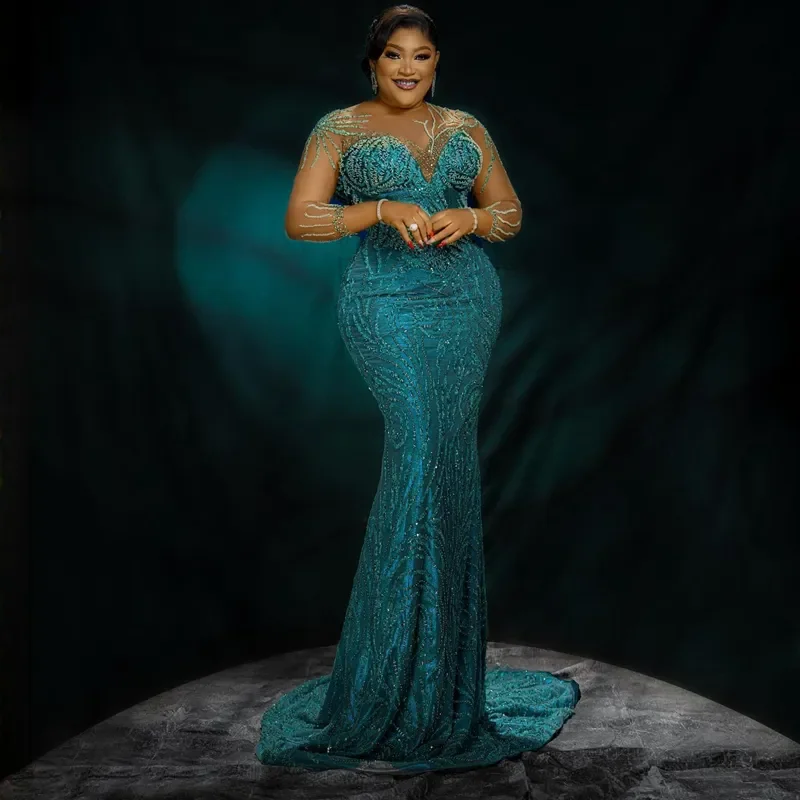 

Африканское платье Aso Ebi размера плюс с русалкой для выпускного вечера Иллюзионное кружевное вечернее платье с длинными рукавами и бисером Вечерние платья для африканского черного цвета