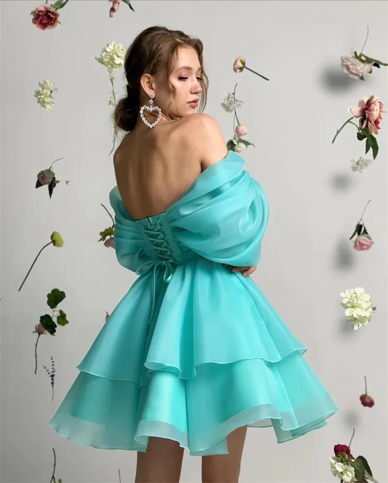 Smileven Sky Blue Off The Shoulder Prom Dress Organza Party Gowns Midi Formal Evening Dress 2024