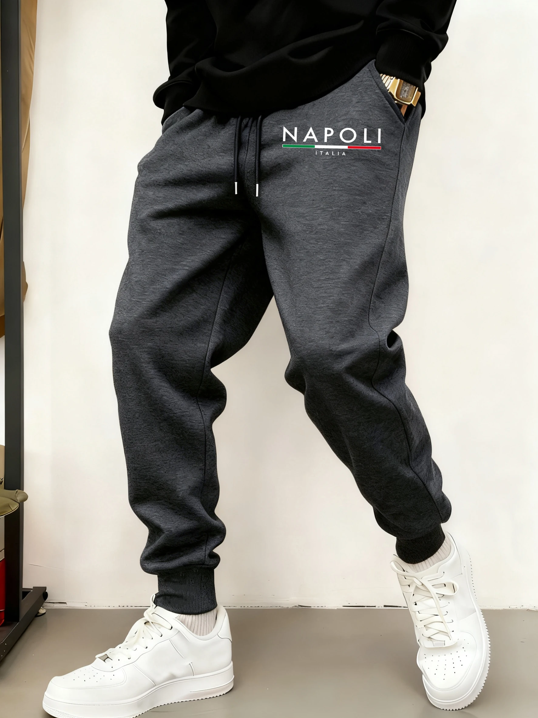 

Napoli Italia Letter Men Pant Trendy Street Trousers Pocket Autumn Britches Elastic Waist Fleece Sportpants