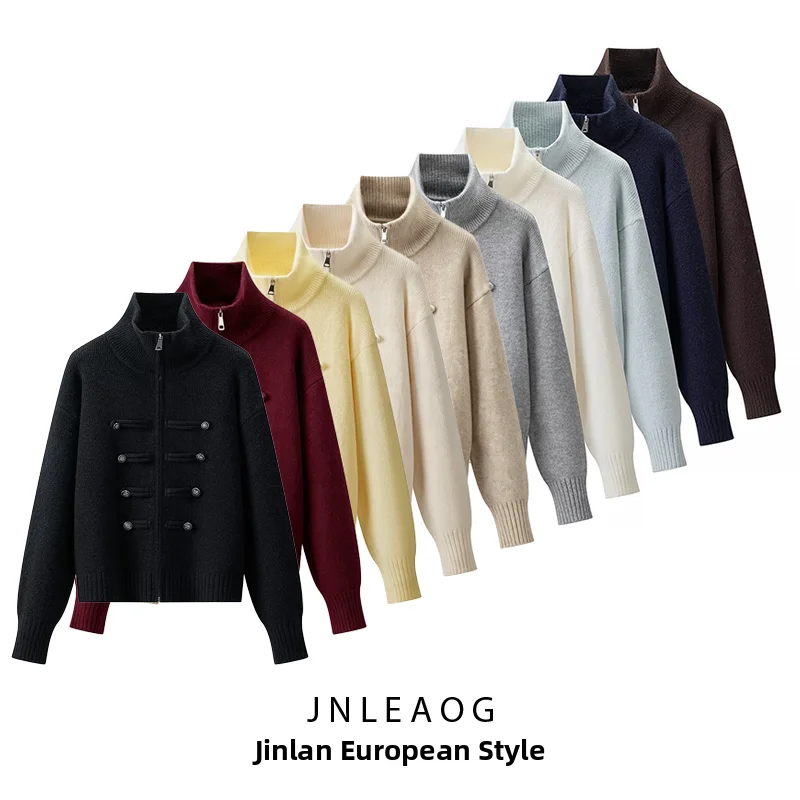 JNLEAOG Autumn New Women's Casual Knitted Cardigan Multi-Color Button Decorative Zipper Button Open-Shirt Soft Polyester
