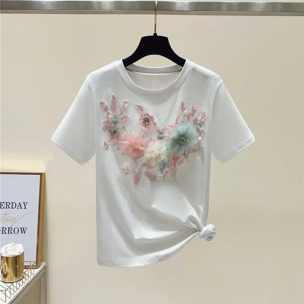 Korean Sle Embroidered ort Sve round Ne Loose Fit Women's T-irt Summer New Arrival Comfortable Versatile Top