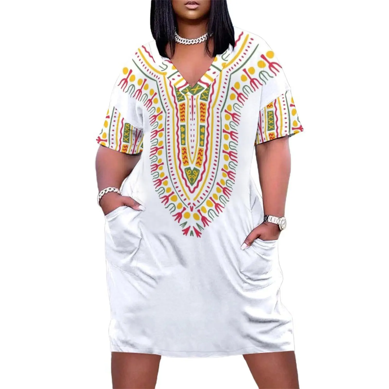 

Dashiki White Loose Pocket Dress Womens dresses dresses with long sleeves