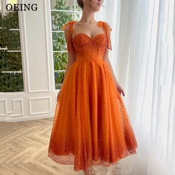 OEING Pastrol Fairy Orange Prom Dresses Sweetheart Spaghetti Strap Tea Length Zipper Back Party Dress Sparkly Evening Gowns