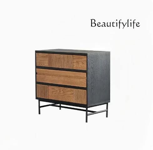 

Nordic modern retro color matching teak solid wood dining side cabinet wabi-sabi black oak tea cupboard